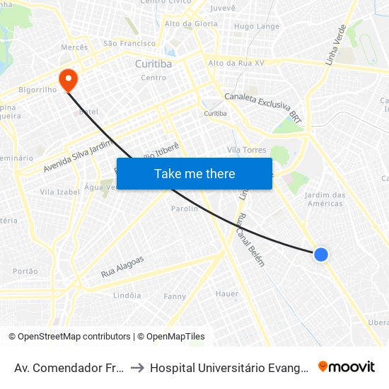 Av. Comendador Franco, 4485 to Hospital Universitário Evangélico de Curitiba map