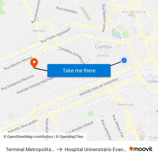 Terminal Metropolitano Guadalupe to Hospital Universitário Evangélico de Curitiba map