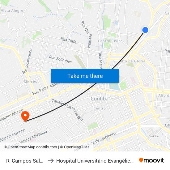 R. Campos Sales, 842 to Hospital Universitário Evangélico de Curitiba map