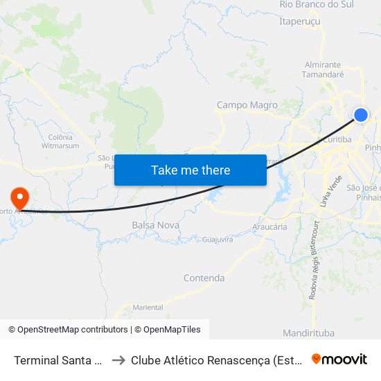 Terminal Santa Cândida to Clube Atlético Renascença (Estádio João C.) map