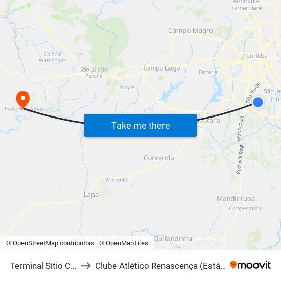 Terminal Sítio Cercado to Clube Atlético Renascença (Estádio João C.) map