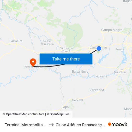 Terminal Metropolitano Campo Largo to Clube Atlético Renascença (Estádio João C.) map