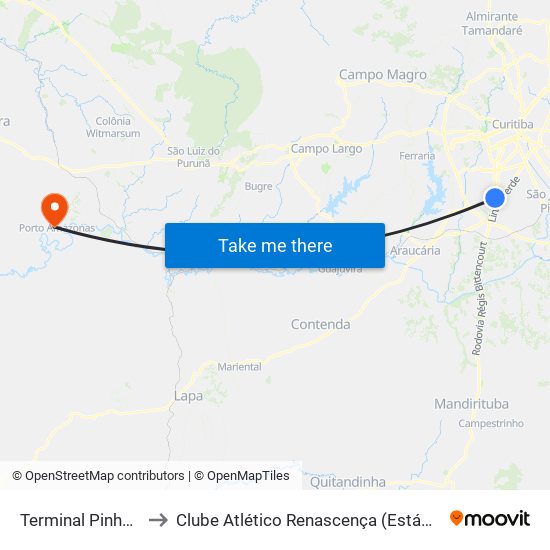 Terminal Pinheirinho to Clube Atlético Renascença (Estádio João C.) map