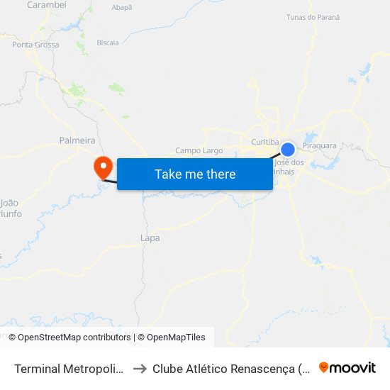 Terminal Metropolitano Pinhais to Clube Atlético Renascença (Estádio João C.) map