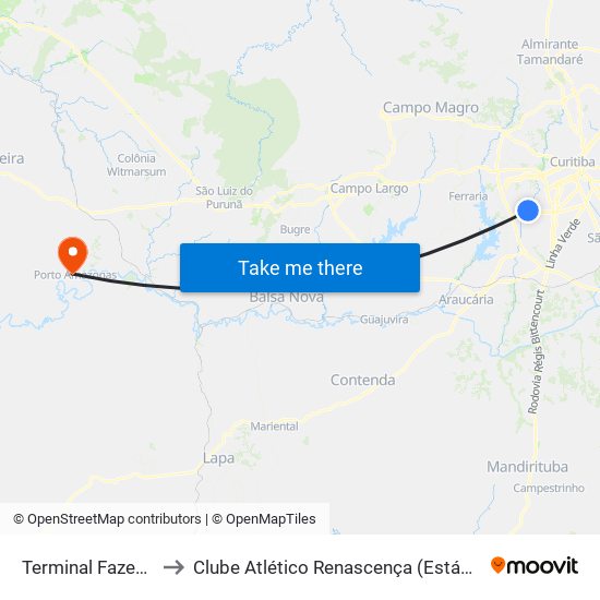 Terminal Fazendinha to Clube Atlético Renascença (Estádio João C.) map