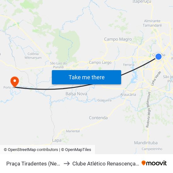 Praça Tiradentes (Nestor De Castro) to Clube Atlético Renascença (Estádio João C.) map