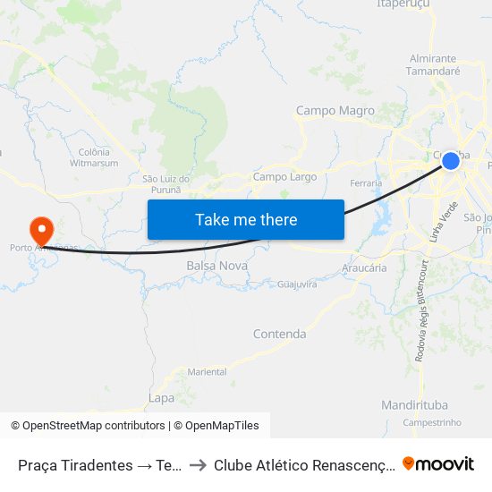 Praça Tiradentes → Terminal Bairro Alto to Clube Atlético Renascença (Estádio João C.) map