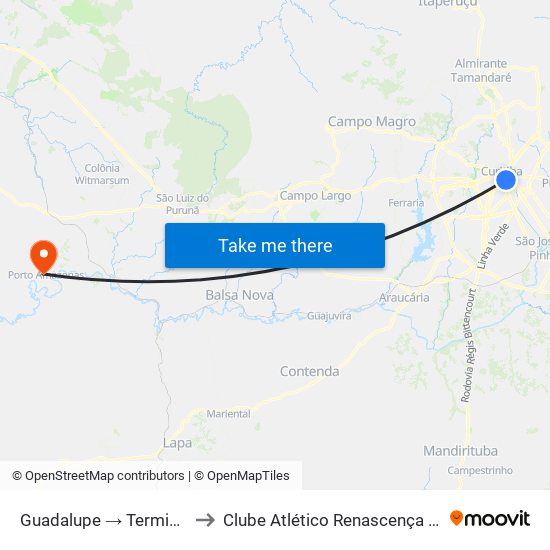 Guadalupe → Terminal Pinheirinho to Clube Atlético Renascença (Estádio João C.) map