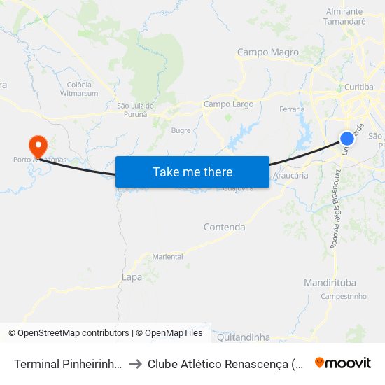 Terminal Pinheirinho (Externo) to Clube Atlético Renascença (Estádio João C.) map