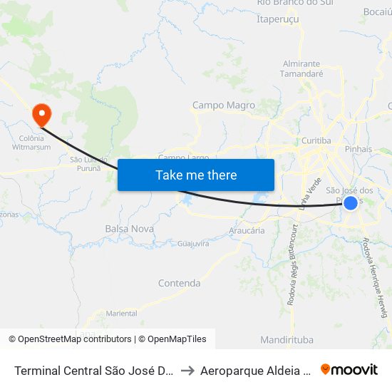 Terminal Central São José Dos Pinhais to Aeroparque Aldeia da Serra map