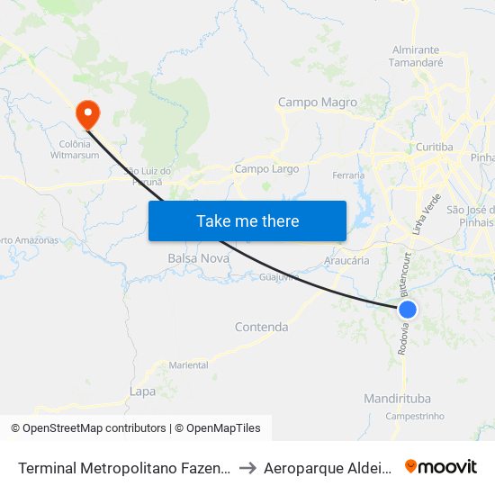 Terminal Metropolitano Fazenda Rio Grande to Aeroparque Aldeia da Serra map