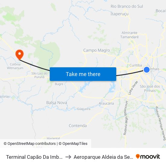 Terminal Capão Da Imbuia to Aeroparque Aldeia da Serra map