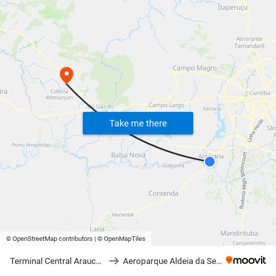 Terminal Central Araucária to Aeroparque Aldeia da Serra map