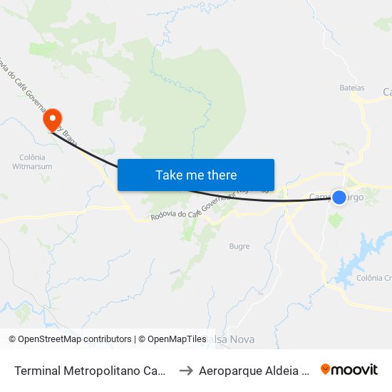 Terminal Metropolitano Campo Largo to Aeroparque Aldeia da Serra map