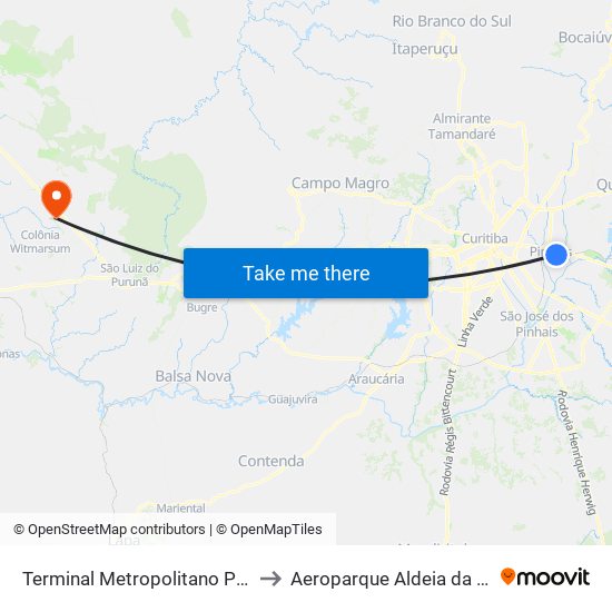 Terminal Metropolitano Pinhais to Aeroparque Aldeia da Serra map