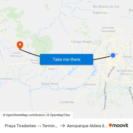 Praça Tiradentes → Terminal Pinhais to Aeroparque Aldeia da Serra map