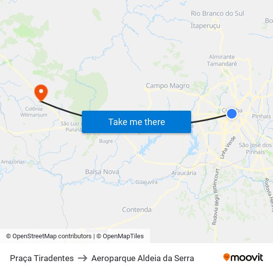 Praça Tiradentes → Terminal Bairro Alto to Aeroparque Aldeia da Serra map