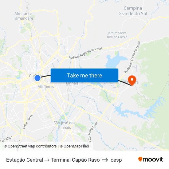 Estação Central → Terminal Capão Raso to cesp map
