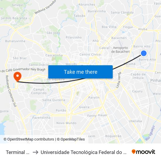 Terminal Bairro Alto to Universidade Tecnológica Federal do Paraná (UTFPR) - Campus Ecoville map