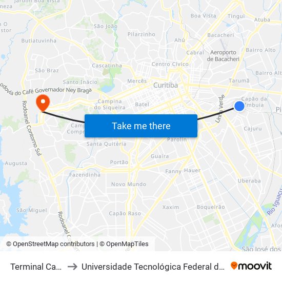 Terminal Capão Da Imbuia to Universidade Tecnológica Federal do Paraná (UTFPR) - Campus Ecoville map