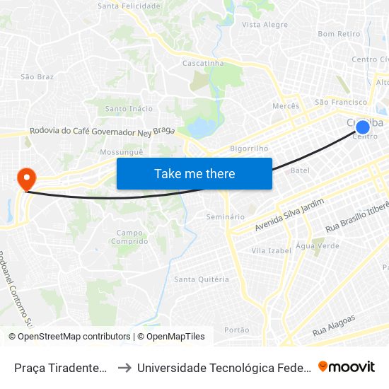 Praça Tiradentes → Terminal Bairro Alto to Universidade Tecnológica Federal do Paraná (UTFPR) - Campus Ecoville map