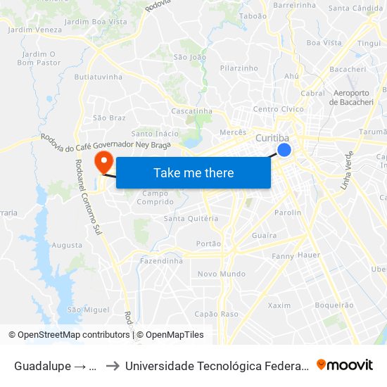 Guadalupe → Terminal Boqueirão to Universidade Tecnológica Federal do Paraná (UTFPR) - Campus Ecoville map