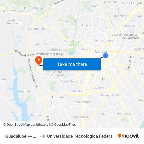 Guadalupe → Terminal Pinheirinho to Universidade Tecnológica Federal do Paraná (UTFPR) - Campus Ecoville map