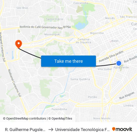 R. Guilherme Pugsley, 750 - Largo Doutor Acir Mullinari to Universidade Tecnológica Federal do Paraná (UTFPR) - Campus Ecoville map