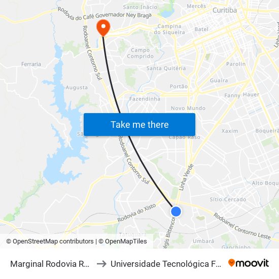 Marginal Rodovia Régis Bittencourt (Br 116) - Ceasa to Universidade Tecnológica Federal do Paraná (UTFPR) - Campus Ecoville map
