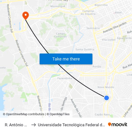 R. Antônio Gasparin, 5400 to Universidade Tecnológica Federal do Paraná (UTFPR) - Campus Ecoville map