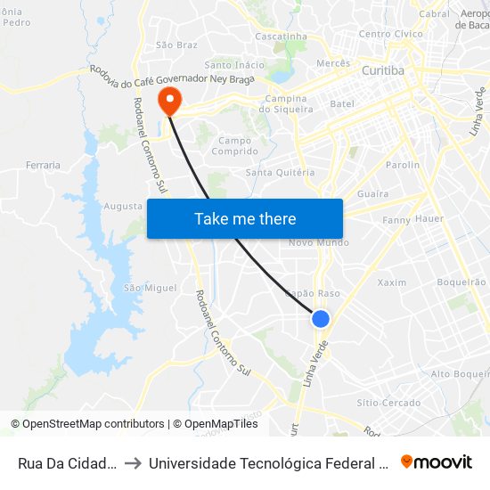 Rua Da Cidadania Pinheirinho to Universidade Tecnológica Federal do Paraná (UTFPR) - Campus Ecoville map