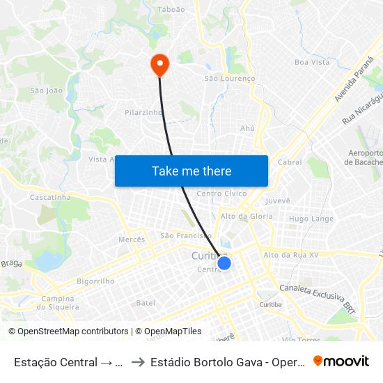 Estação Central → Terminal Capão Raso to Estádio Bortolo Gava - Operário Pilarzinho Esporte Clube map