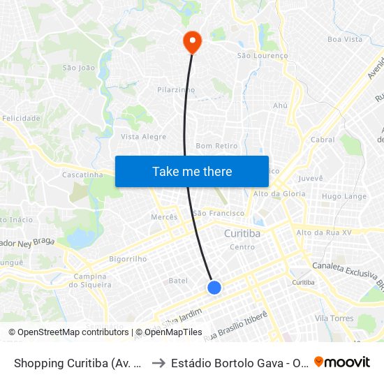 Shopping Curitiba (Av. Visconde De Guarapuava, 3850) to Estádio Bortolo Gava - Operário Pilarzinho Esporte Clube map