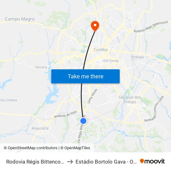 Rodovia Régis Bittencourt (Br 116) - Viaduto Pompéia to Estádio Bortolo Gava - Operário Pilarzinho Esporte Clube map