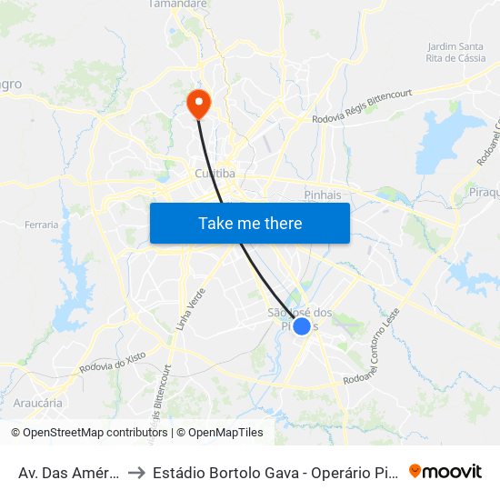 Av. Das Américas, 1111 to Estádio Bortolo Gava - Operário Pilarzinho Esporte Clube map