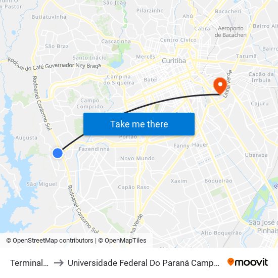 Terminal Caiuá to Universidade Federal Do Paraná Campus Jardim Botânico map