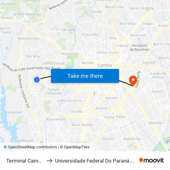 Terminal Campo Comprido to Universidade Federal Do Paraná Campus Jardim Botânico map
