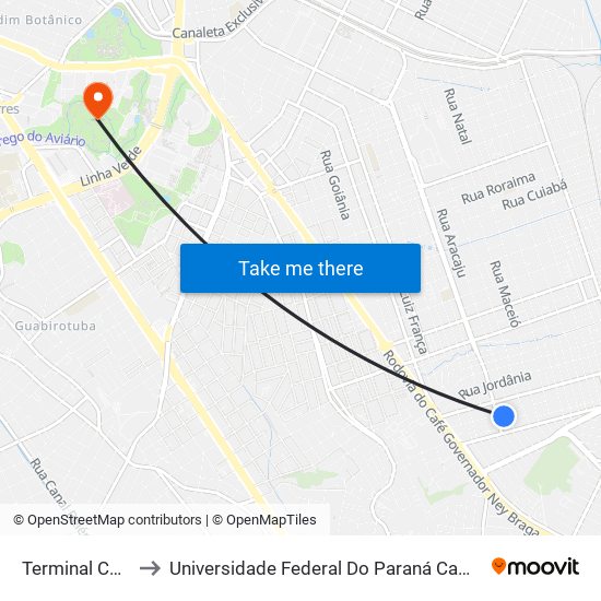 Terminal Centenário to Universidade Federal Do Paraná Campus Jardim Botânico map