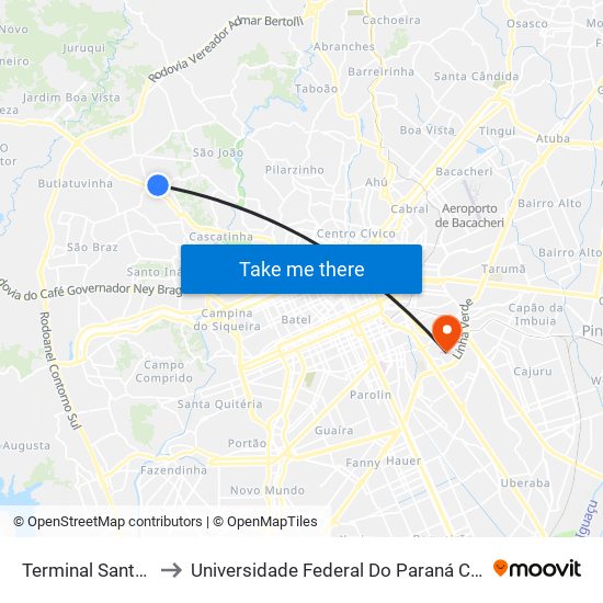 Terminal Santa Felicidade to Universidade Federal Do Paraná Campus Jardim Botânico map