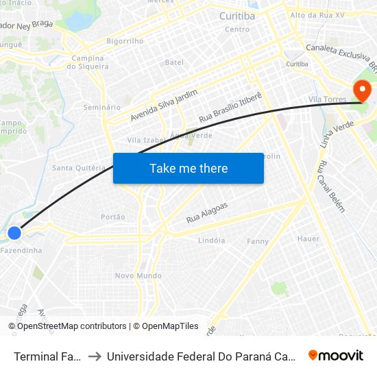 Terminal Fazendinha to Universidade Federal Do Paraná Campus Jardim Botânico map