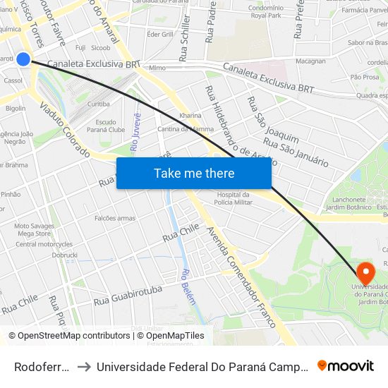 Rodoferroviária to Universidade Federal Do Paraná Campus Jardim Botânico map