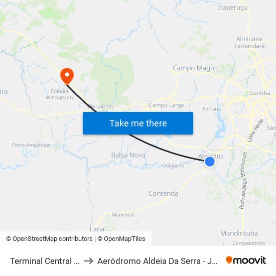 Terminal Central Araucária to Aeródromo Aldeia Da Serra - Jorge Luiz Stocco map