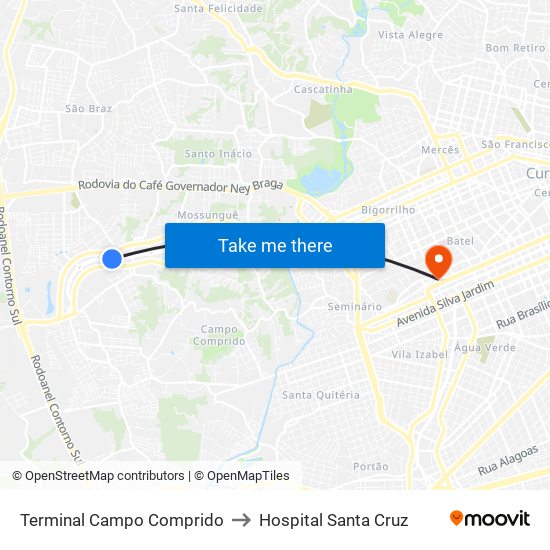 Terminal Campo Comprido to Hospital Santa Cruz map