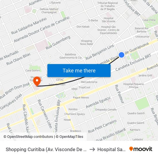 Shopping Curitiba (Av. Visconde De Guarapuava, 3850) to Hospital Santa Cruz map