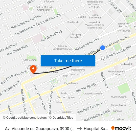 Av. Visconde de Guarapuava, 3900 (Shopping Curitiba) to Hospital Santa Cruz map