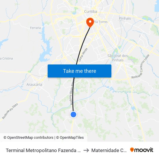 Terminal Metropolitano Fazenda Rio Grande to Maternidade Curitiba map