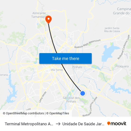 Terminal Metropolitano Afonso Pena to Unidade De Saúde Jardim Roma map