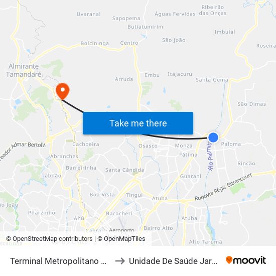 Terminal Metropolitano Guaraituba to Unidade De Saúde Jardim Roma map