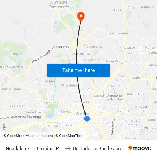Guadalupe → Terminal Pinheirinho to Unidade De Saúde Jardim Roma map
