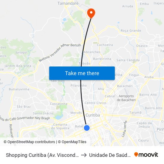 Shopping Curitiba (Av. Visconde De Guarapuava, 3850) to Unidade De Saúde Jardim Roma map